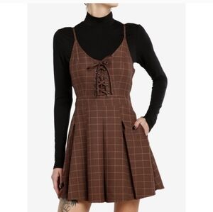 Brown Plaid  Pleated School Lace-Up Dress Academia